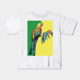 Rosella Parrot Watercolor Painting on Green Kids T-Shirt